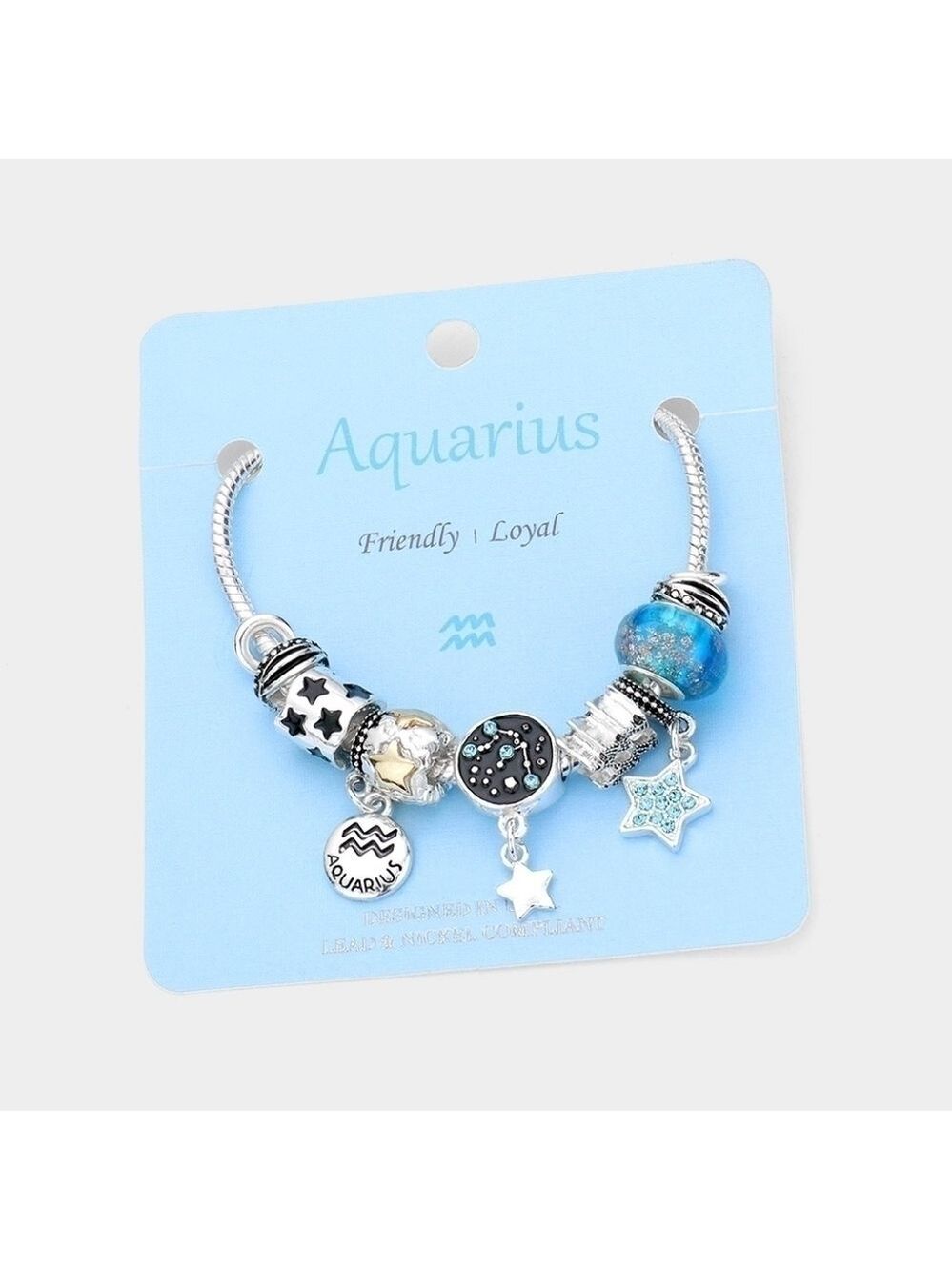 NEW Aquarius Blue Zodiac Snake Chain Charm Beads Bracelet